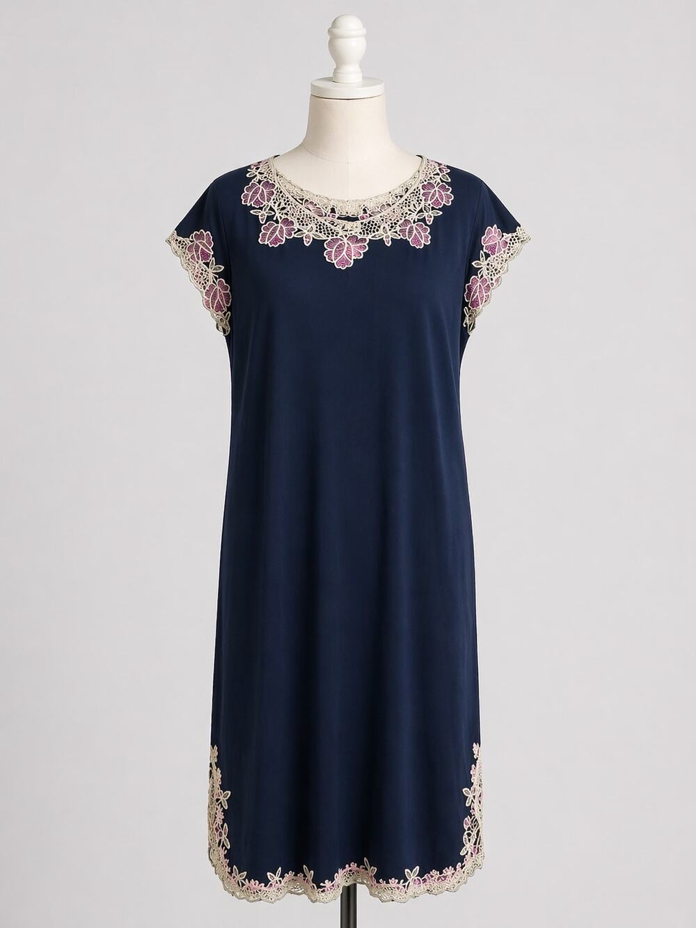 Vintage Embroidered Black Dress White Floral Lace Rayon Dress Pink Green